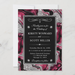 Elegant Red Foil & Silver Glitter Agate Wedding Invitation