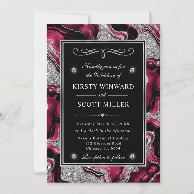 Elegant Red Foil & Silver Glitter Agate Wedding Invitation (Front)