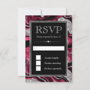 Elegant Red Foil & Silver Glitter Agate Wedding RSVP Card