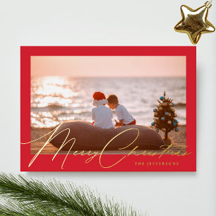 Elegant Red Frame & Gold Merry Christmas Photo