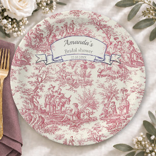 Elegant Red French Toile de Jouy Monogram Paper Plate