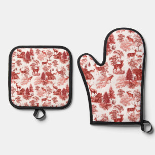 Elegant Red French Toile Deer in Woodland Oven Mitt & Pot Holder Set