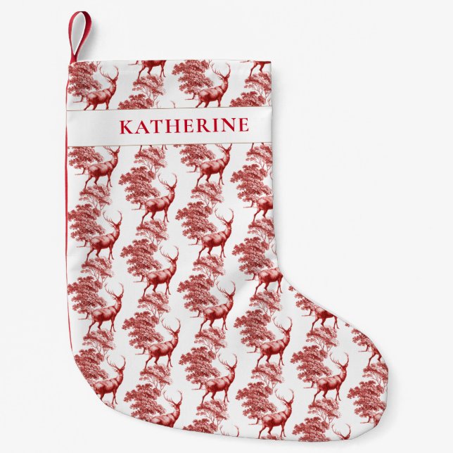 Elegant Red French Toile Deer in Woodland Small Christmas Stocking (Front)
