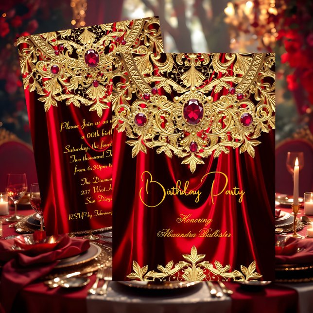 Elegant Red Gems Gold Lace Damask Birthday Party Invitation (Creator Uploaded)