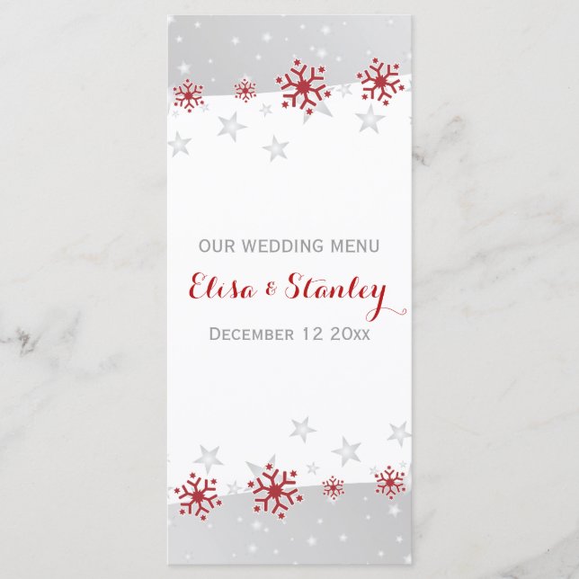 Elegant red, gery snowflakes wedding Menu card (Front)