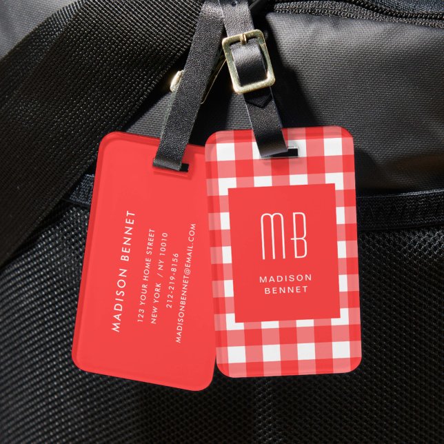 Elegant Red Gingham Monogram Luggage Tag (Elegant Red Gingham Monogram Luggage Tag)