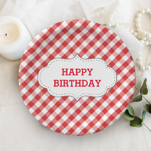 Elegant Red Gingham Pattern Personalised Birthday Paper Plate