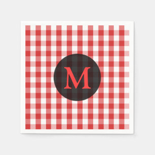 Elegant Red Gingham Pattern Personalised Monogram Napkin