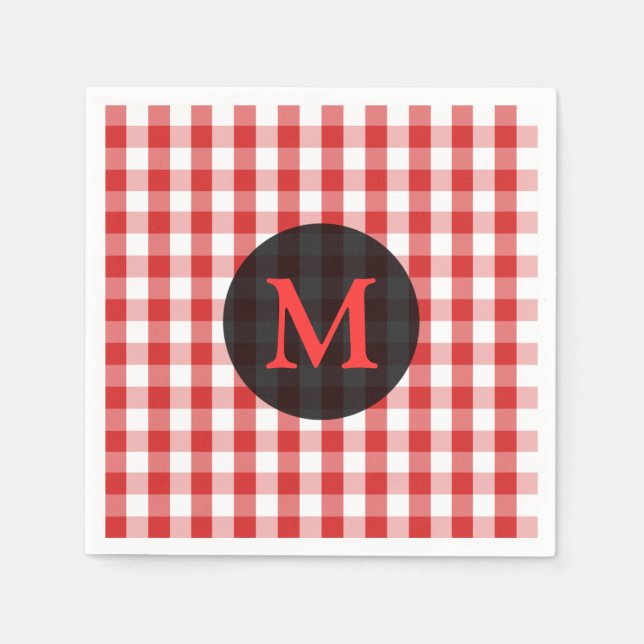 Elegant Red Gingham Pattern Personalised Monogram Napkin (Front)