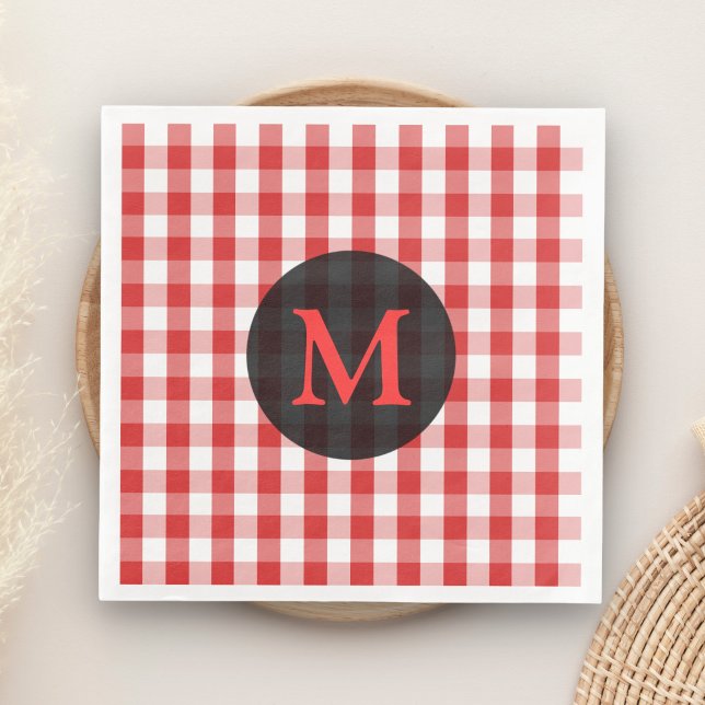 Elegant Red Gingham Pattern Personalised Monogram Napkin (Creator Uploaded)