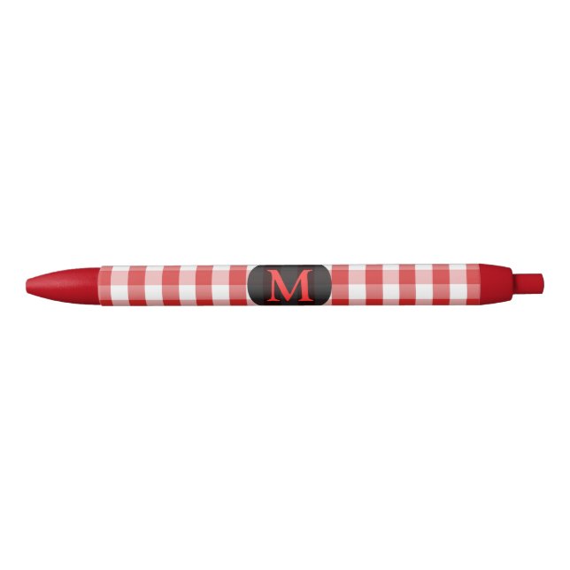 Elegant Red Gingham Pattern Personalised Monogram Red Ink Pen (Front)