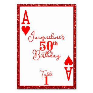 Elegant Red Glitter Ace of Hearts Birthday Party Table Number