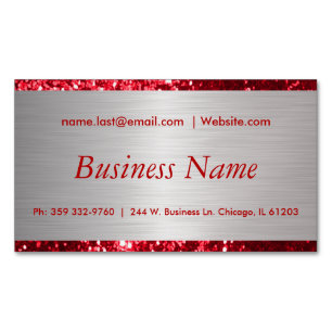Elegant Red Glitter and Brush Silver Steel Magnetic Business Card