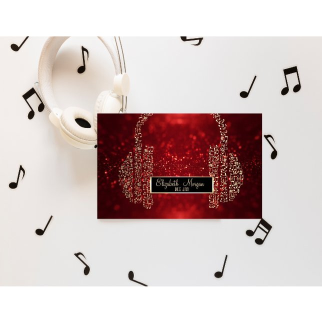 Elegant Red Glitter Bokeh,Music Notes Headphone DJ Business Card (Creator Uploaded)