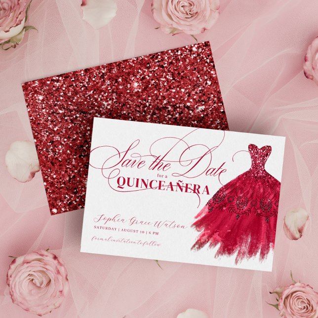 Elegant Red Glitter Chic Dress Quinceanera Save The Date (Creator Uploaded)