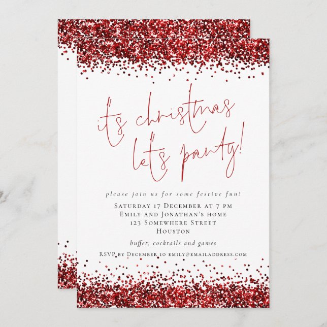 Elegant Red Glitter Its Christmas Lets Party Invitation (Front/Back)