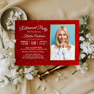 Elegant Red Glitter Photo Retirement Party Invitation