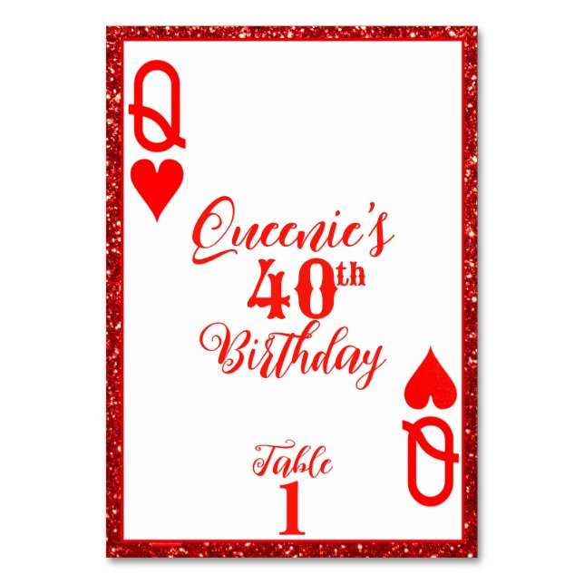 Elegant Red Glitter Queen of Hearts Birthday Party Table Number (Front)