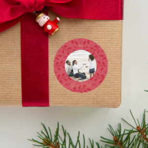 Elegant Red Glory to God Botanical Christmas Photo Classic Round Sticker