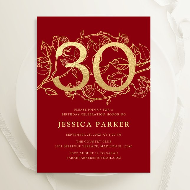 Elegant Red Gold 30th Birthday Invitation (Creator Uploaded)