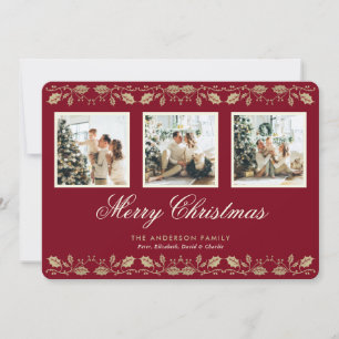 Elegant Red Gold 3 Photo Merry Christmas Card