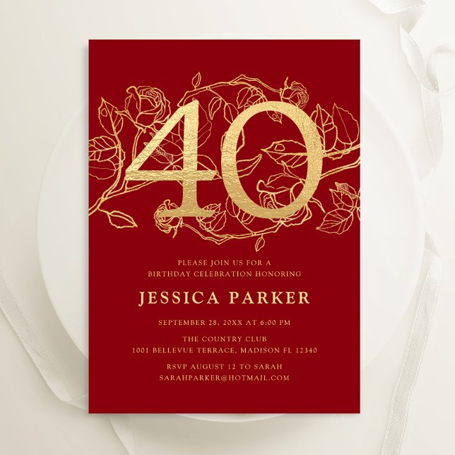 Elegant Red Gold 40th Birthday Invitation (Creator Uploaded)
