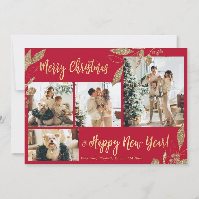 Elegant Red Gold 4 Photo Collage Christmas Card (Front)