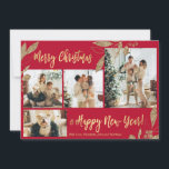 Elegant Red Gold 4 Photo Collage Christmas Card<br><div class="desc">Elegant, Modern Faux Gold Botanical Leaves on Carmine Red 4 Photo Collage Merry Christmas Holiday Card. This festive, mimimalist, whimsical four (4) photo holiday card template features a pretty photo collage, faux gold foil botanical leaves, winterberries and says Merry Christmas and Happy New Year! The „Merry Christmas and Happy New...</div>