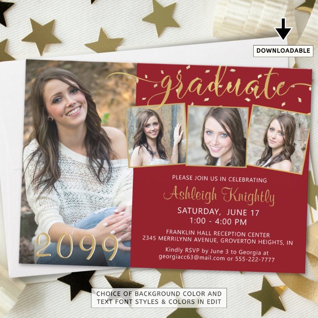 Elegant Red Gold 4 Photo Confetti Graduate  Invitation (Creator Uploaded)