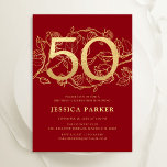 Elegant Red Gold 50th Birthday Invitation<br><div class="desc">Elegant red gold 50th birthday party invitation. Customisable modern feminine design featuring roses botanical accents and faux glitter gold. Simple floral invite card perfect for a stylish female bday celebration. Personalise with your own details. Printed Zazzle invitations or instant download digital printable template.</div>