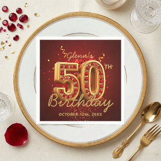 Elegant Red Gold 50th Birthday Party Glam Napkin