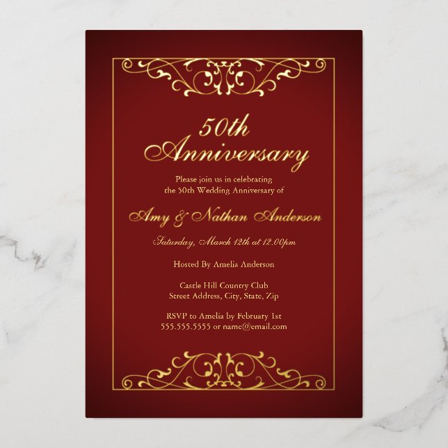 Elegant Red Gold 50th Wedding Anniversary  (Front)