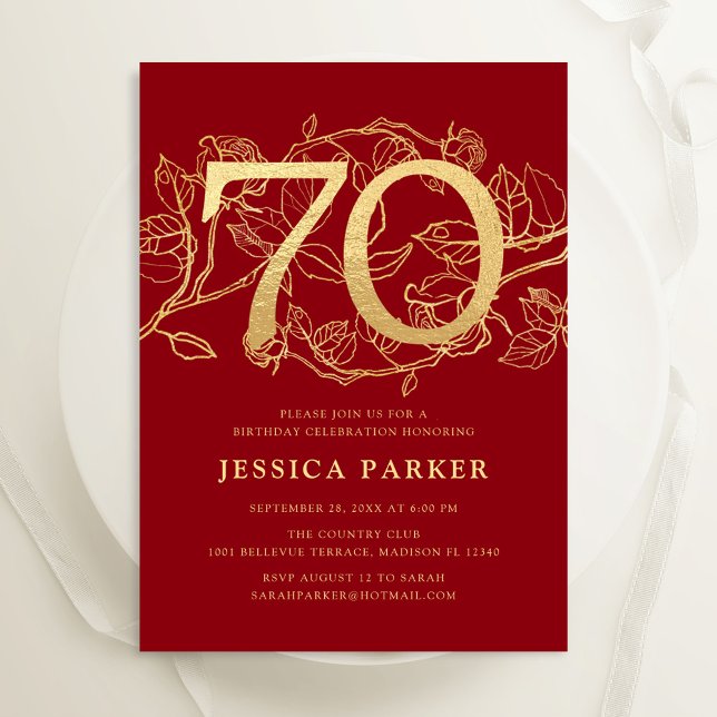 Elegant Red Gold 70th Birthday Invitation (Creator Uploaded)