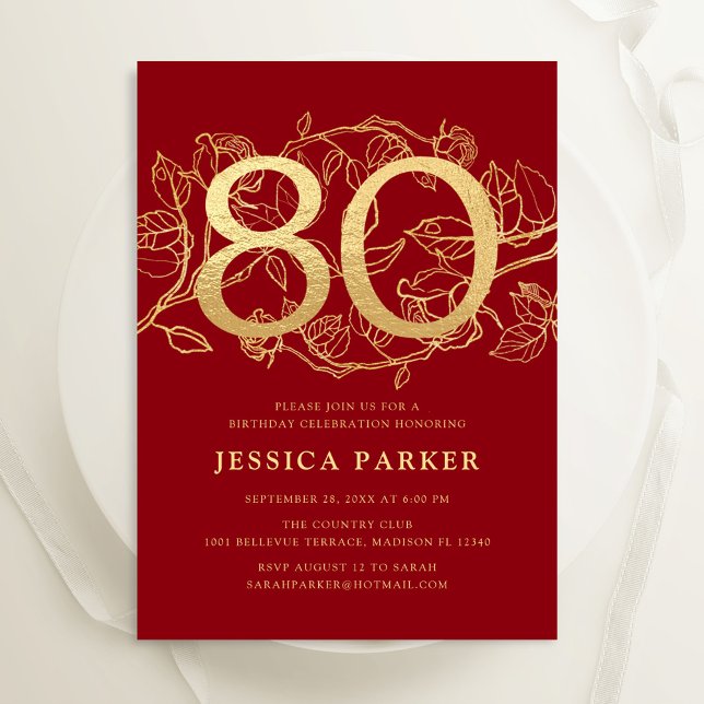 Elegant Red Gold 80th Birthday Invitation (Creator Uploaded)