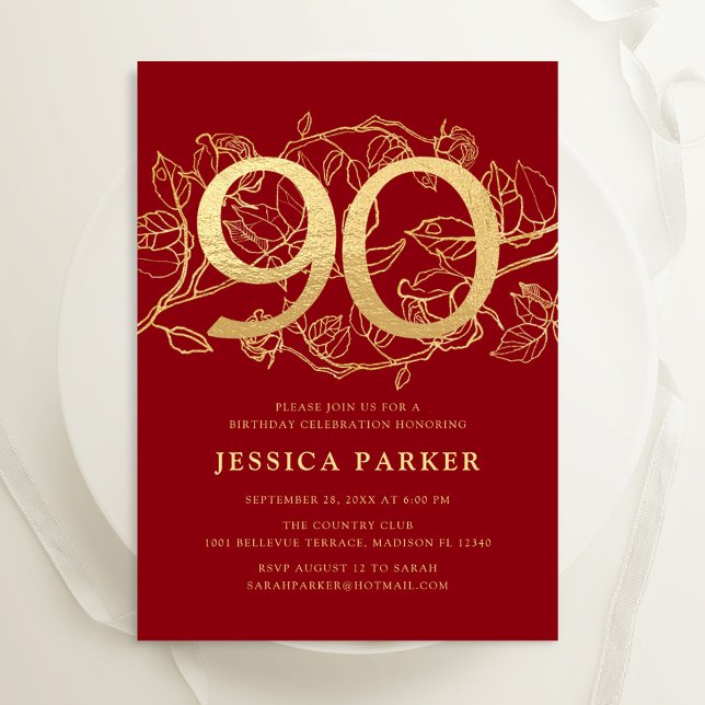 Elegant Red Gold 90th Birthday Invitation (Creator Uploaded)