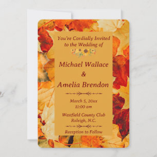 Elegant Red Gold Autumn Leaves Fall Wedding Invitation