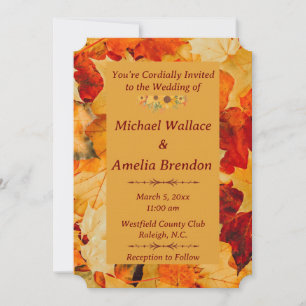 Elegant Red Gold Autumn Leaves Fall Wedding Invitation