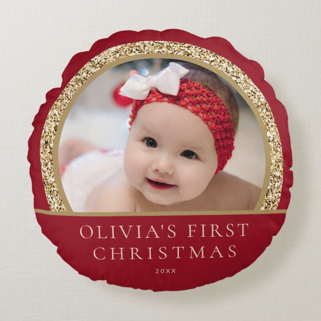 Elegant Red Gold Baby's 1st Christmas Photo Round Cushion (Front)