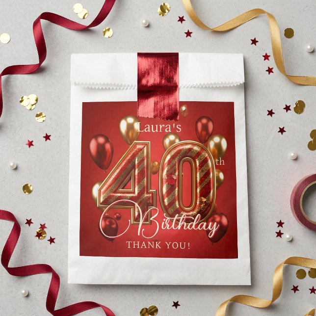 Elegant Red Gold Balloons 40th Birthday Thank You Favour Bags (Creator Uploaded)