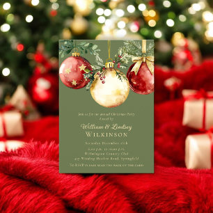 Elegant Red Gold Bauble Christmas Party Invitation