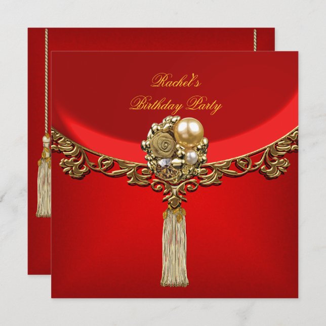 Elegant Red Gold Birthday Party Jewel Invitation (Front/Back)