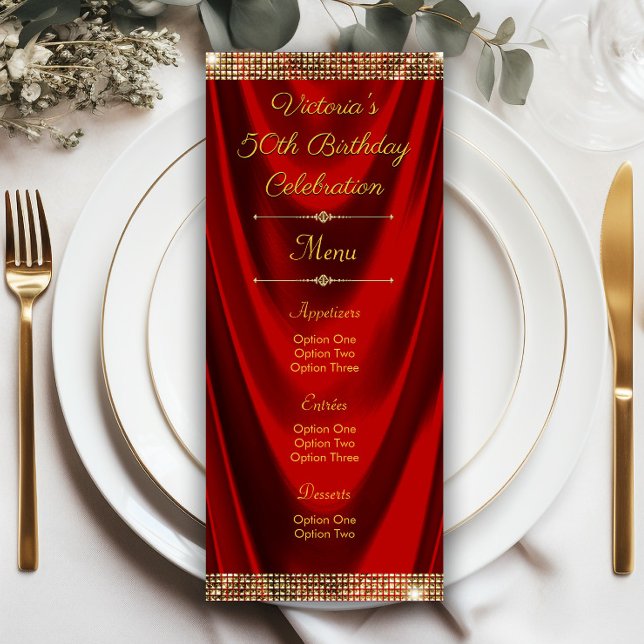 Elegant Red Gold Birthday Party Menu Programs Invitation (Elegant red gold any occasion menu or program. Simply add your details.)