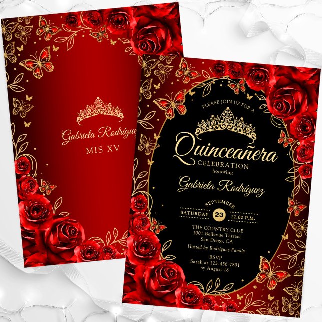 Elegant Red Gold Black Quinceanera Invitation (Creator Uploaded)