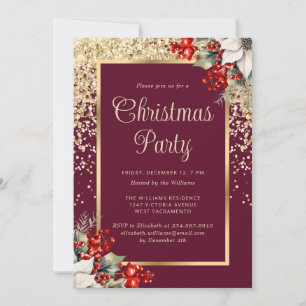 Elegant Red Gold Botanical Christmas Party Invitation