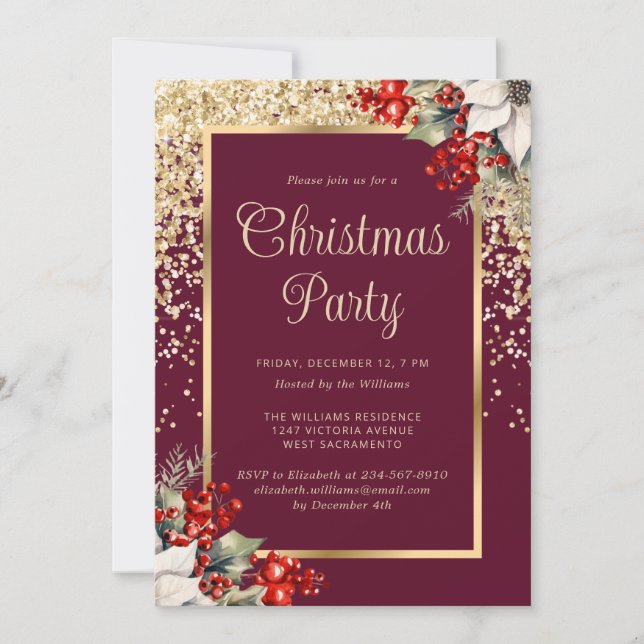 Elegant Red Gold Botanical Christmas Party Invitation (Front)