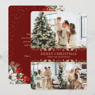 Elegant Red Gold Botanical Photo Christmas Card
