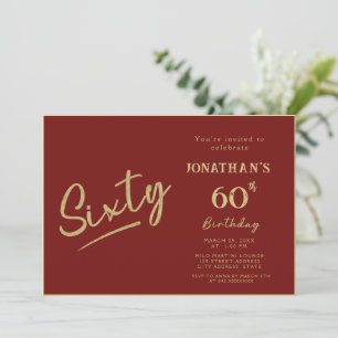 Elegant Red Gold Brush Script 60th Birthday Invitation