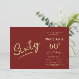 Elegant Red Gold Brush Script 60th Birthday Invitation