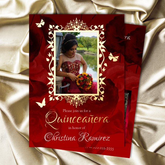 Elegant Red, Gold Butterflies Quinceanera (Elegant red and gold quinceanera invitations, gold foil butterfly fancy photo frame)