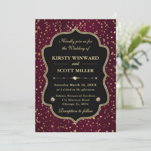 Elegant Red & Gold Celestial Starry Wedding Invitation